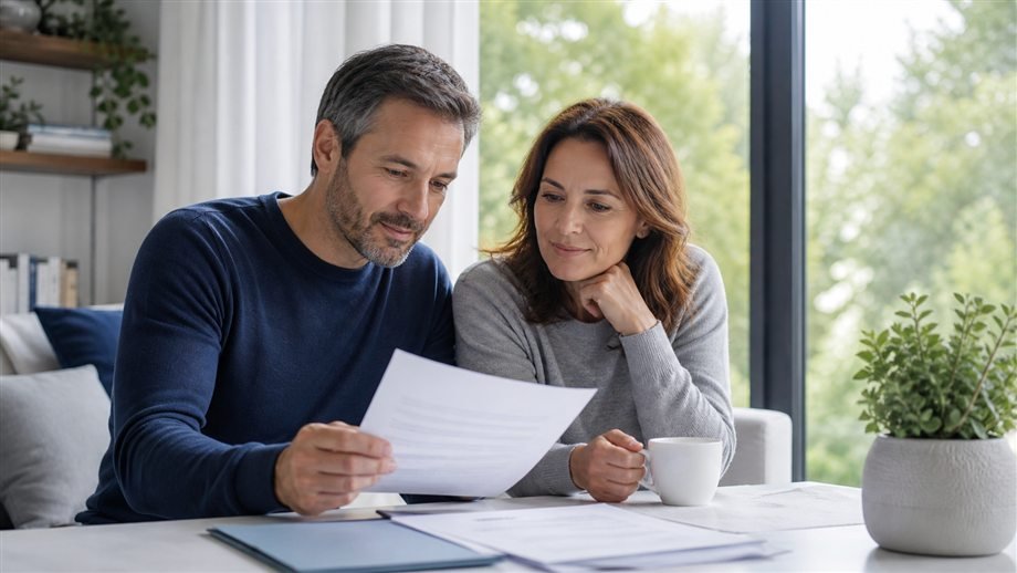 Coppia che valuta soluzioni vita salute e protezione del reddito